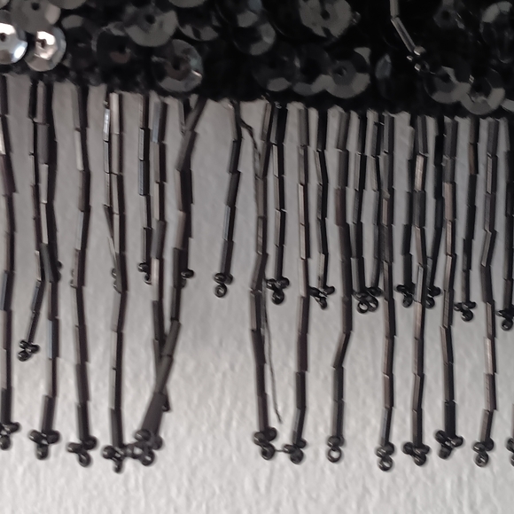 Cyn Les Vintage Black Sequin Beaded Fringe Party Evening Top Wool M - Picture 7 of 8